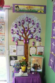 Classroom display with a tree artwork covered in student pieces and posters, with a small table of decorations below and a banner reading “Creation Tree”